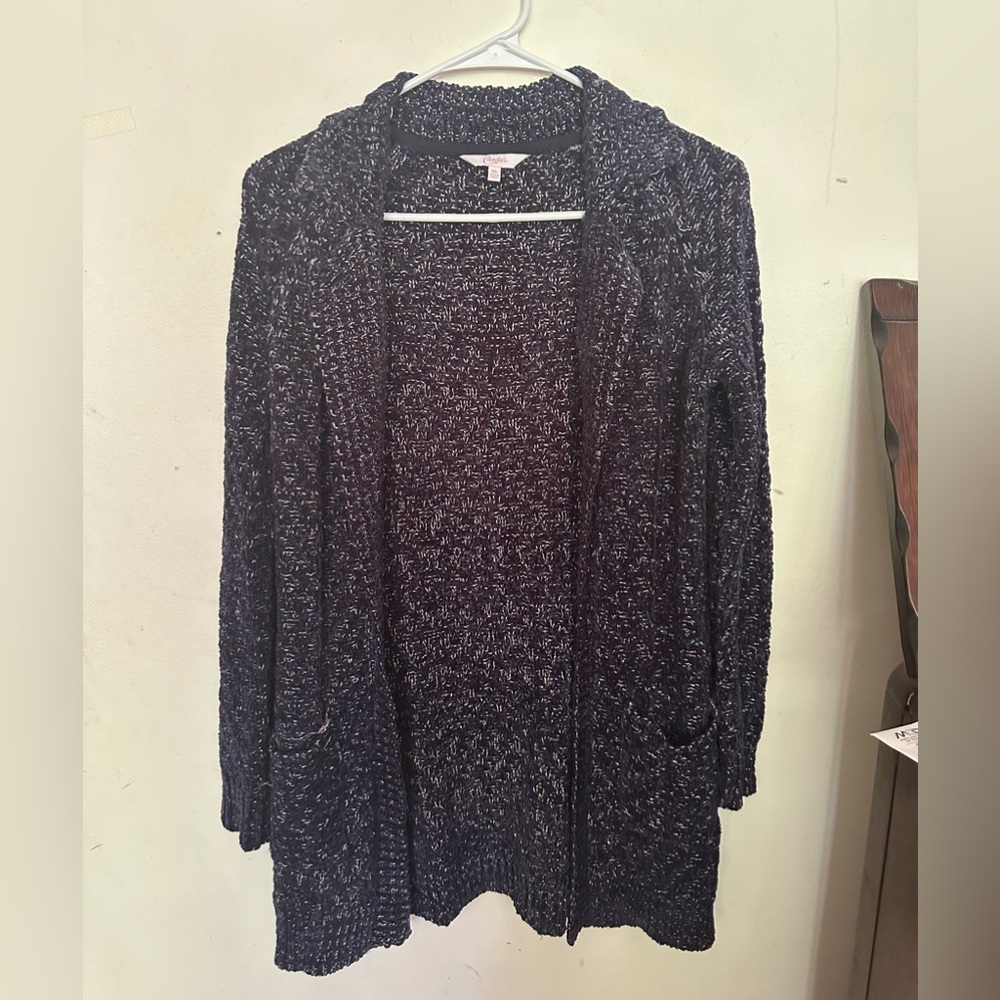 Candies Knit navy blue cardigan with metallic highlights.